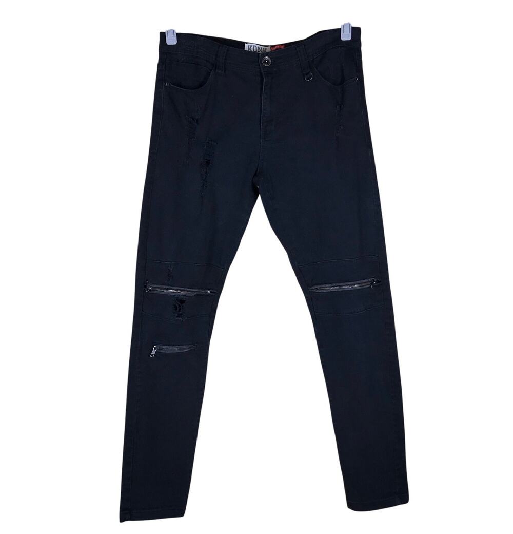KDNK Jeans Men’s 34 Black Skinny Stretch Denim Knee Zip Streetwear Casual